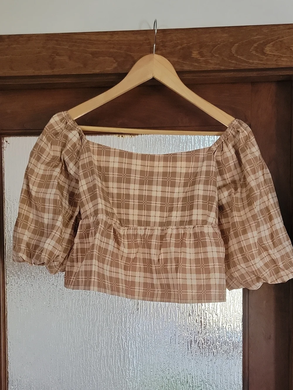 Faithfull the Brand Beige Plaid Puff-Sleeve Peplum Top